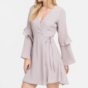 Lush Long Bell Sleeve V-Neck Tie Wrap Mini Dress Mauve Size M